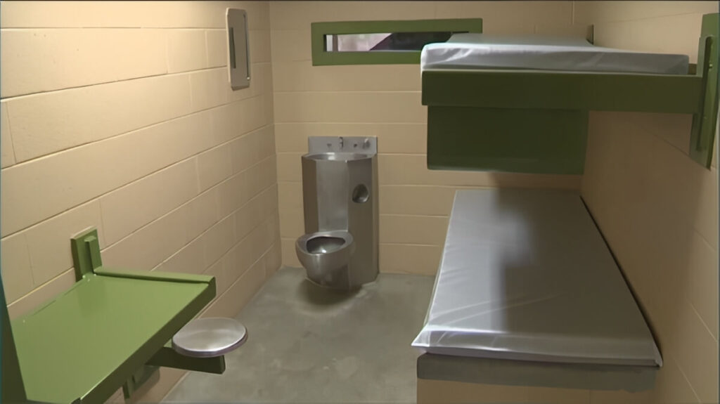 A secure prison cell showing an anti-vandal stainless steel combination toilet and sink unit from xinhe, a prison toilet supplier.