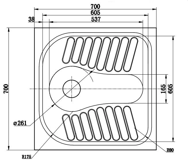 Technical drawing of industrial stainless steel squat toilet