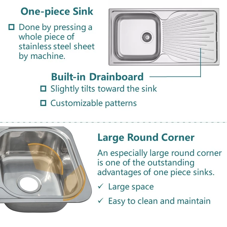 One-piece kitchen sink with customizable drainboard features