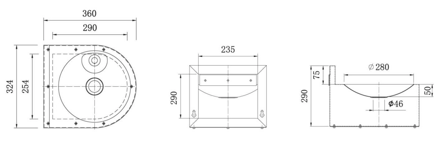Technical drawing of stainless steel outdoor drinking fountain parts