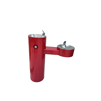 Weatherproof red outdoor drinking fountain beside utility sink and deep wash water basin