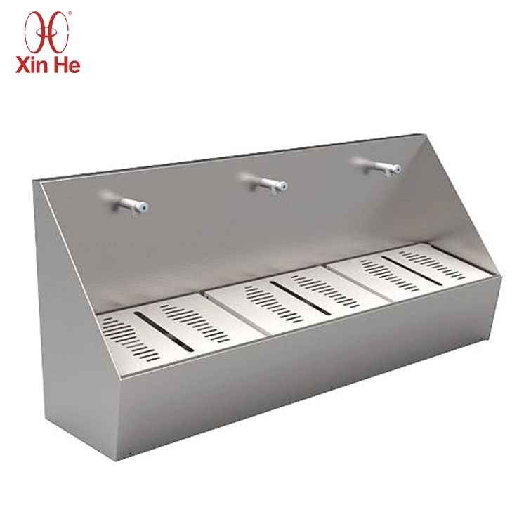 Xinhe PQ472 stainless steel wudu foot washer. Multi-station ablution trough with shared drainage for mosques