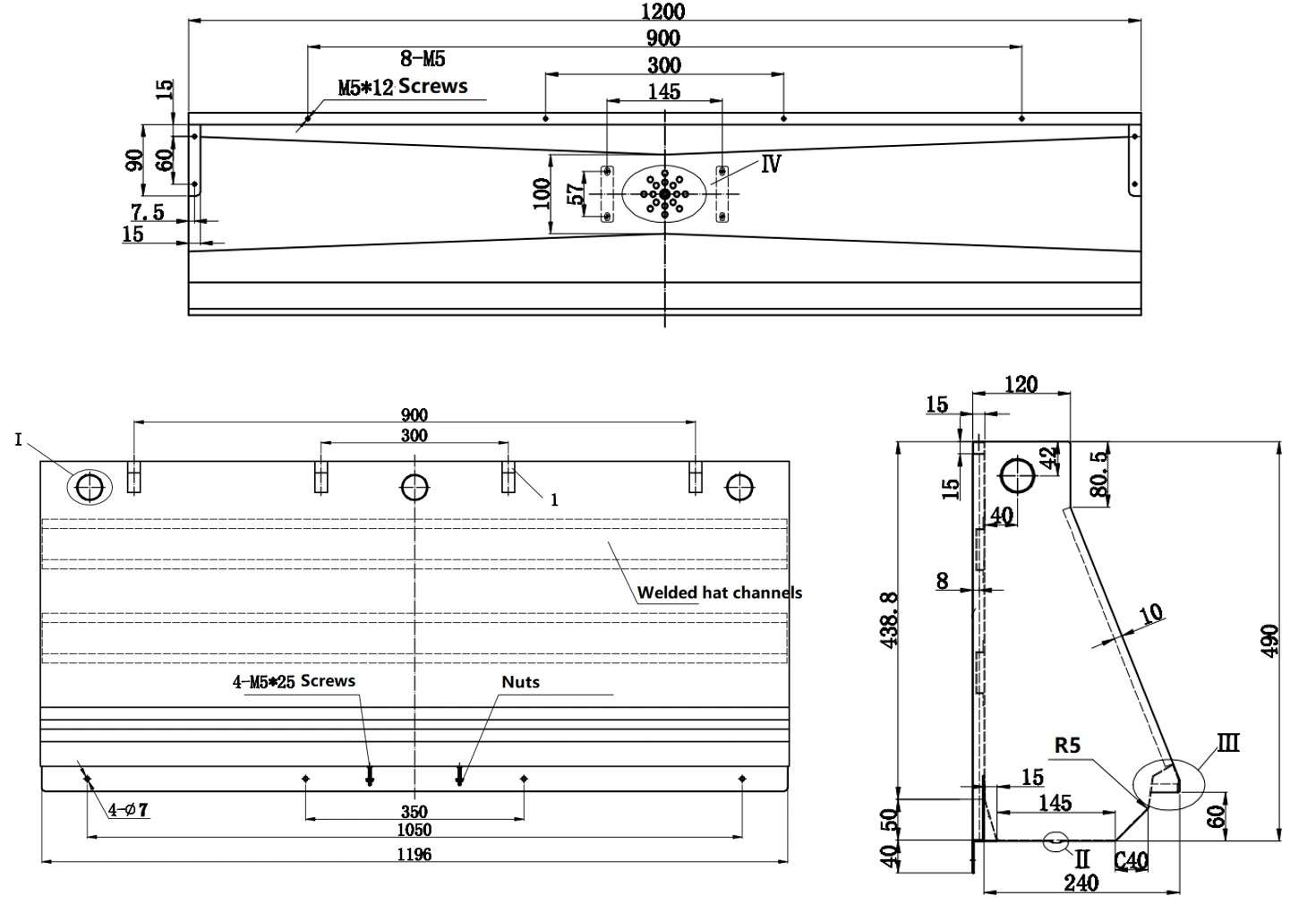 Drawing of stainless steel wall mounted trough urinal