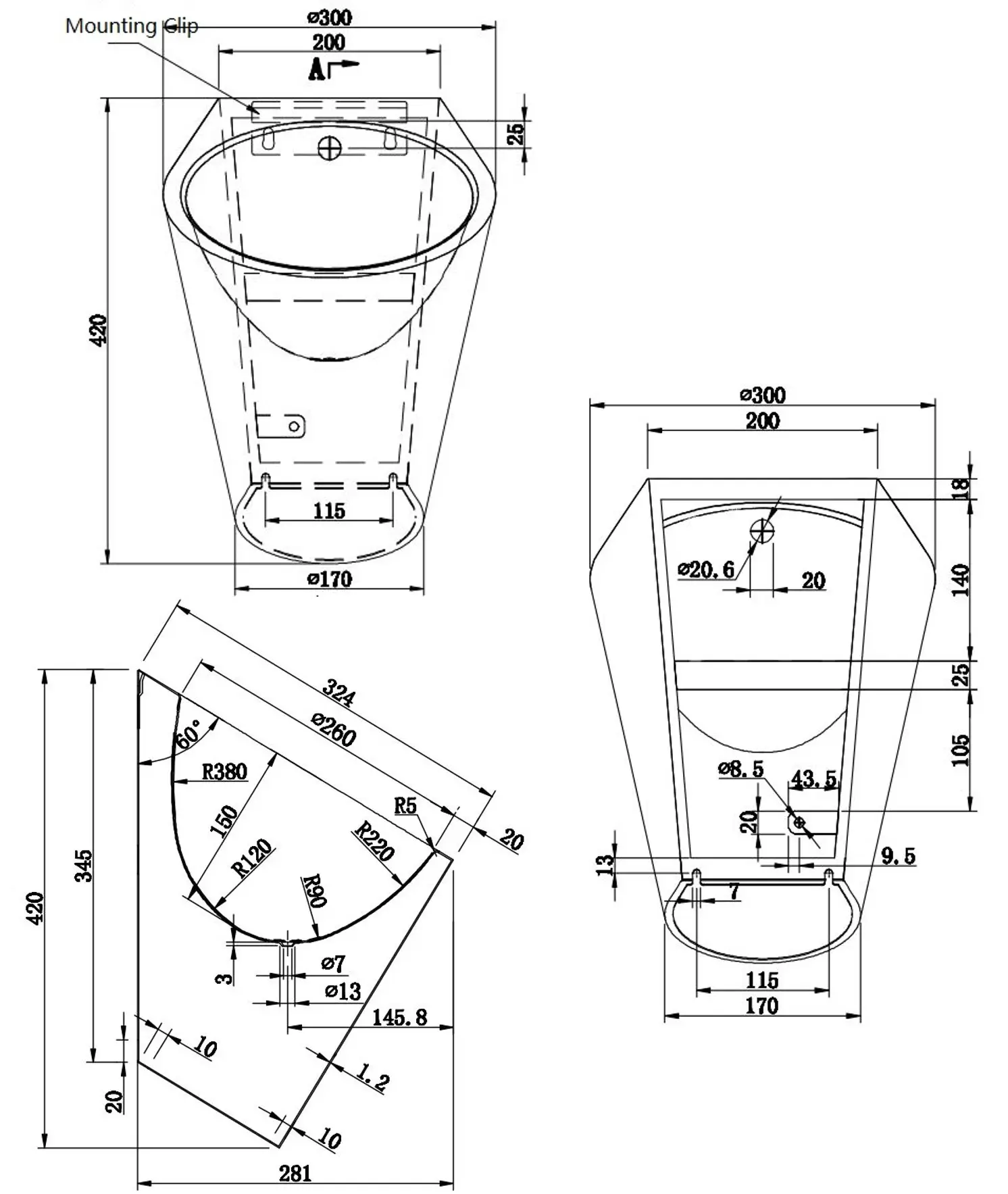 Technical drawing of 304 stainless steel wall hung urinal sink