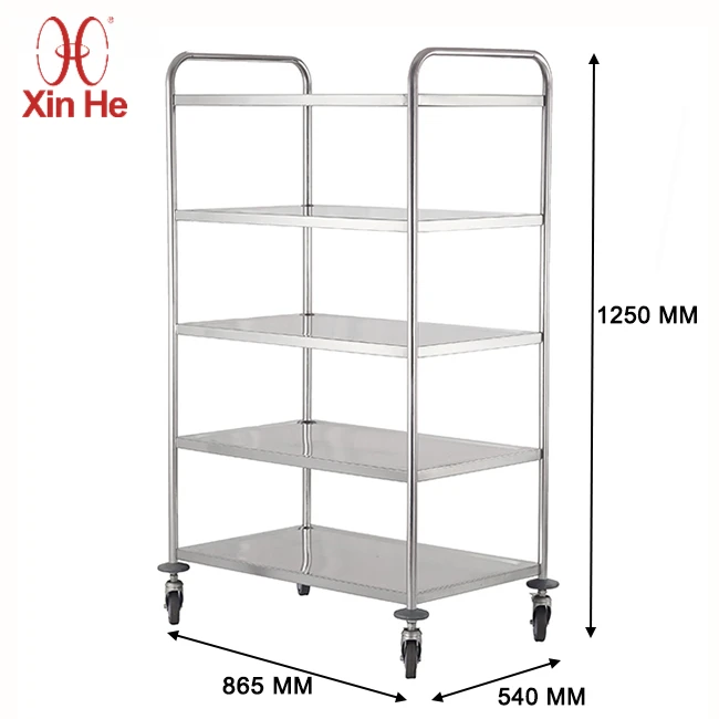 Compact multi-shelf catering trolley with wheels for hot meal transport and kitchen workflow support