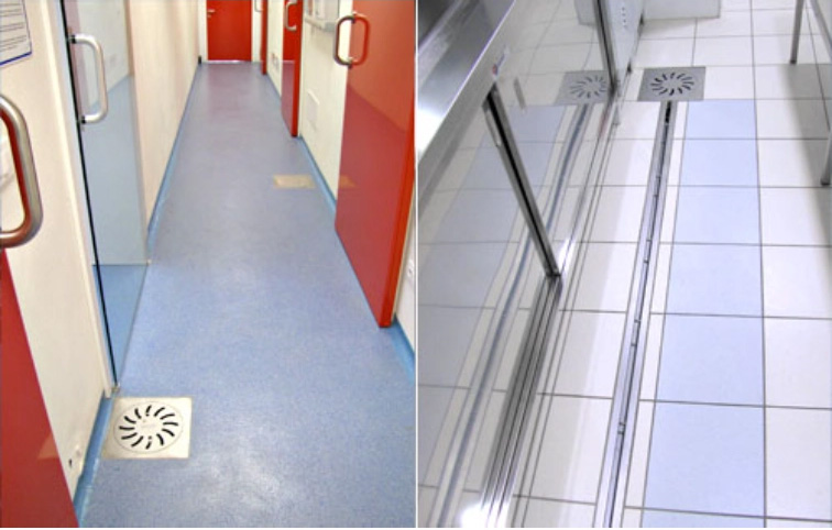 Comparison of point and linear stainless steel floor drain installations in commercial kitchens and utility areas