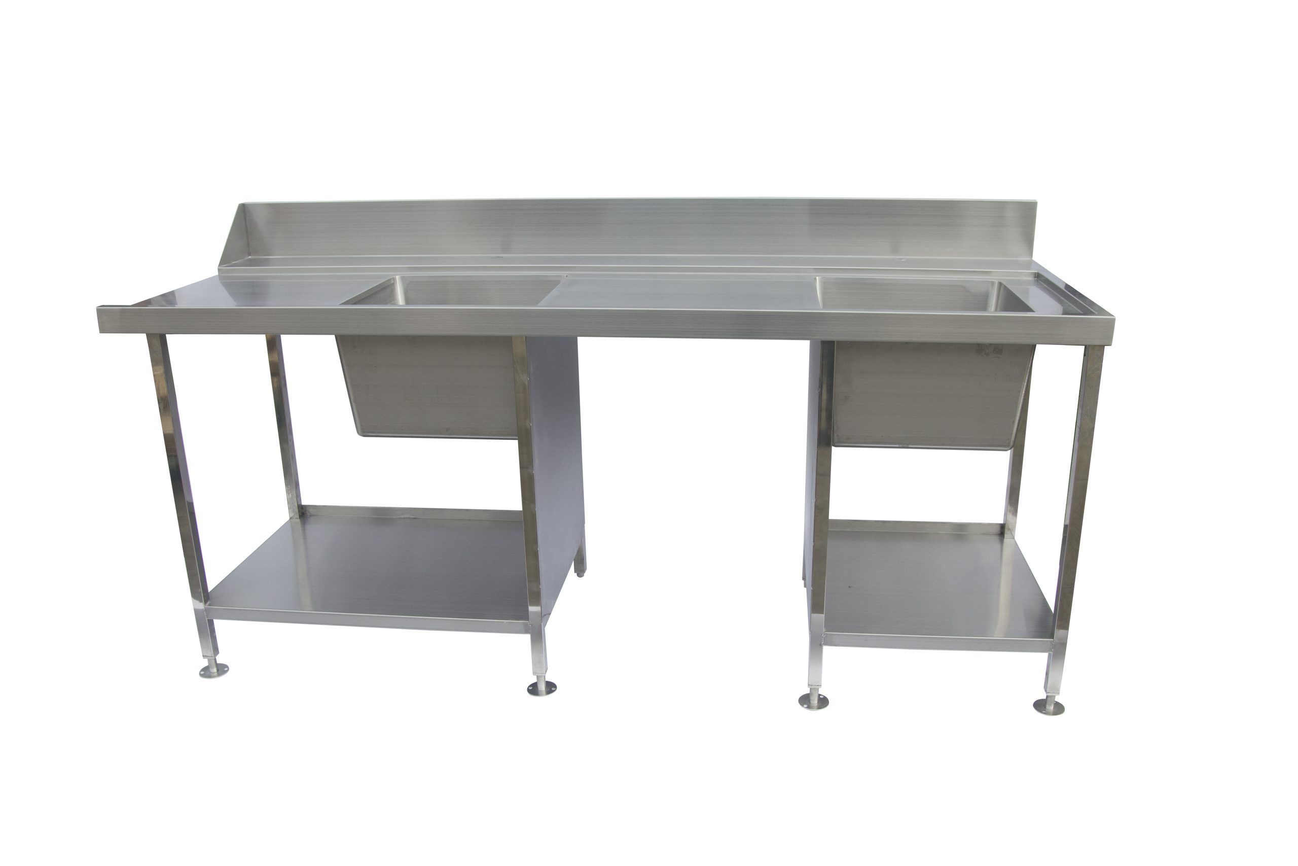 Stainless steel kitchen table featuring integrated sink basins and undershelves for cloud kitchen prep stations