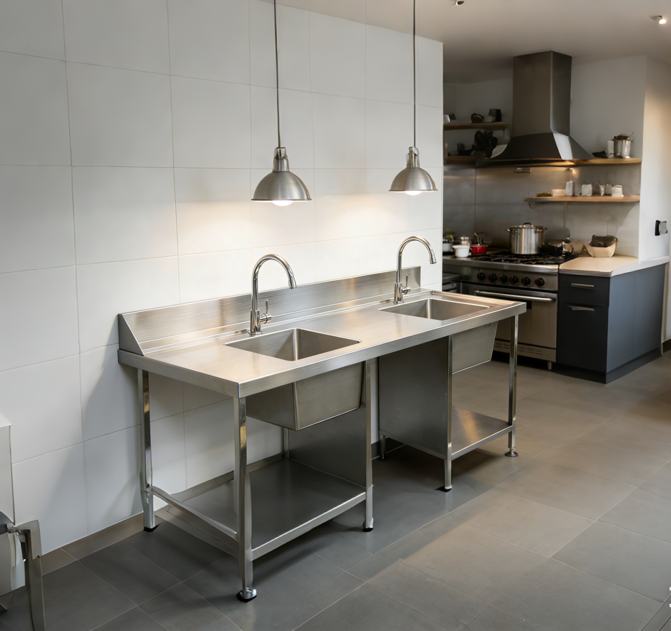 Stainless Steel Bench with Sinks - Freestanding Double Bowl