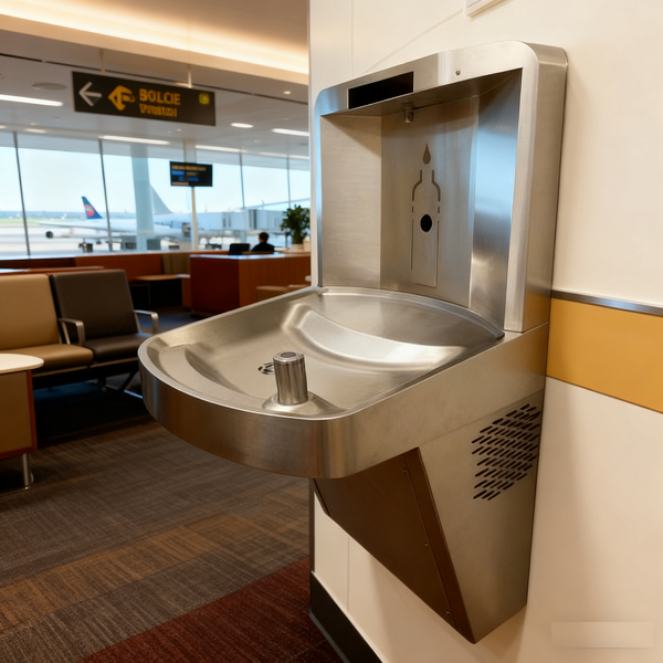 A wall-mounted indoor drinking fountain with integrated bottle filler installed in a modern hallway.