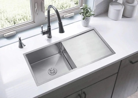 Stainless steel double bowl kitchen sink with drying tray setup