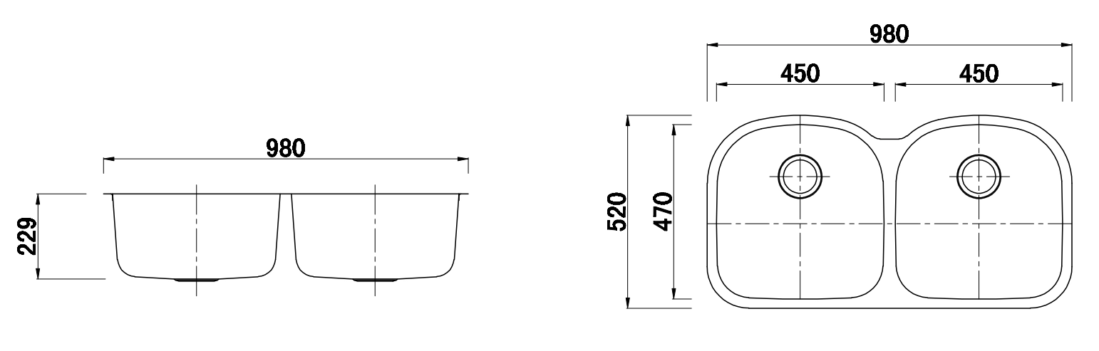 Technical drawing of dual sink for kitchen use
