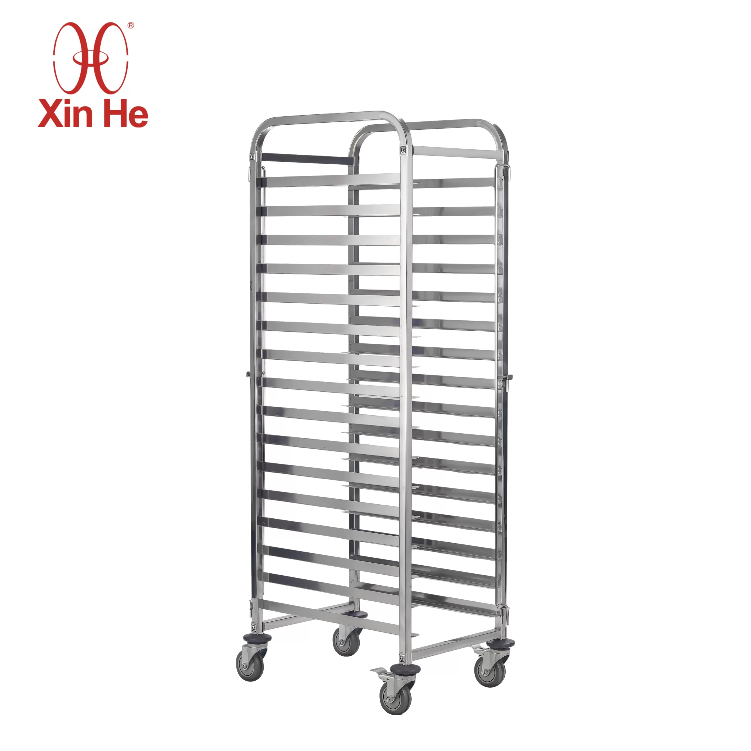 Movable food service baking rack cart with high-capacity sheet pan slots for catering use