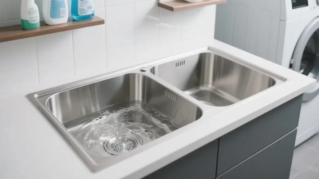 Durable stainless steel sink for laundry rooms, offering easy cleaning and long-lasting performance