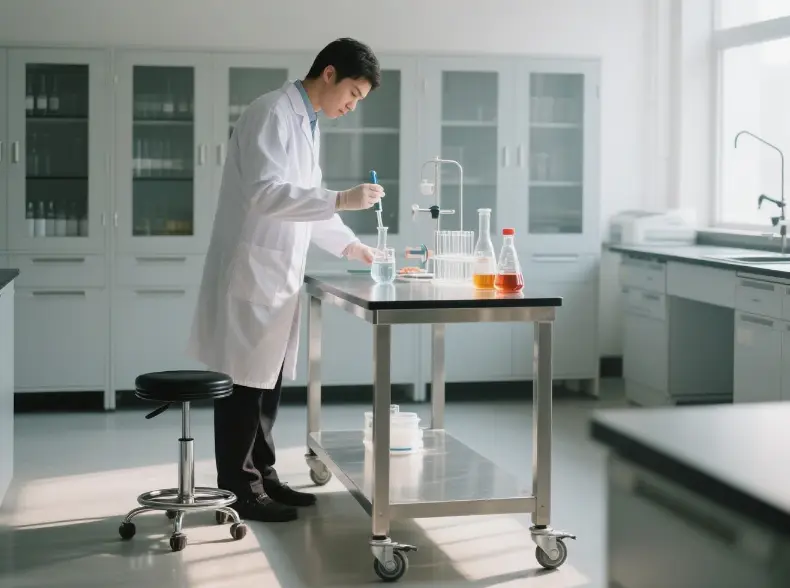 Durable stainless steel table with wheels designed for long-lasting use in hospitals, labs, and kitchens
