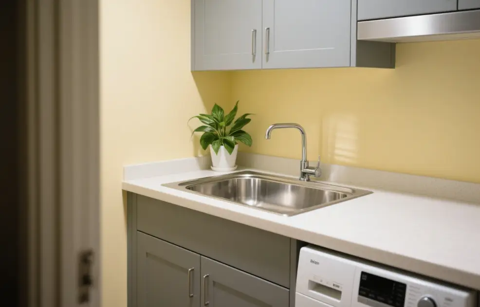 Stainless laundry sink with cabinet offers durable, stylish storage for organized and efficient laundry spaces.