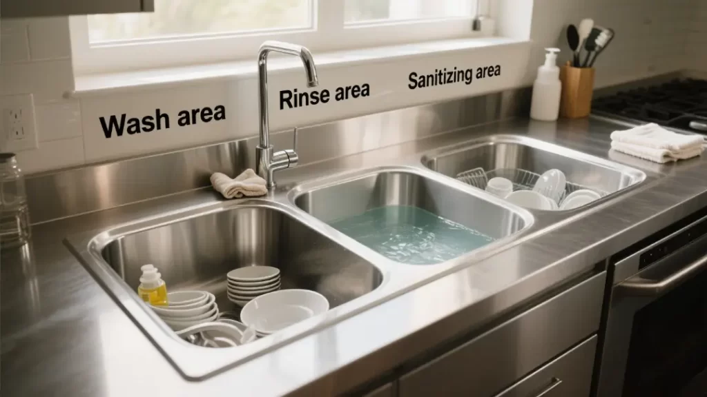 Three sink unit for food hygiene and preparation processes
