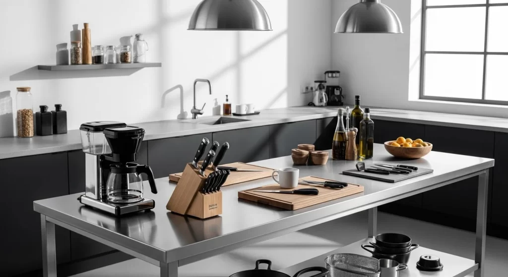 Stylish kitchen table counter with tools