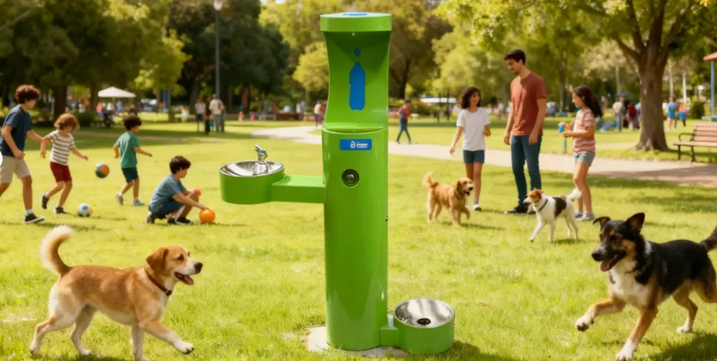 Pet hydration station park scene