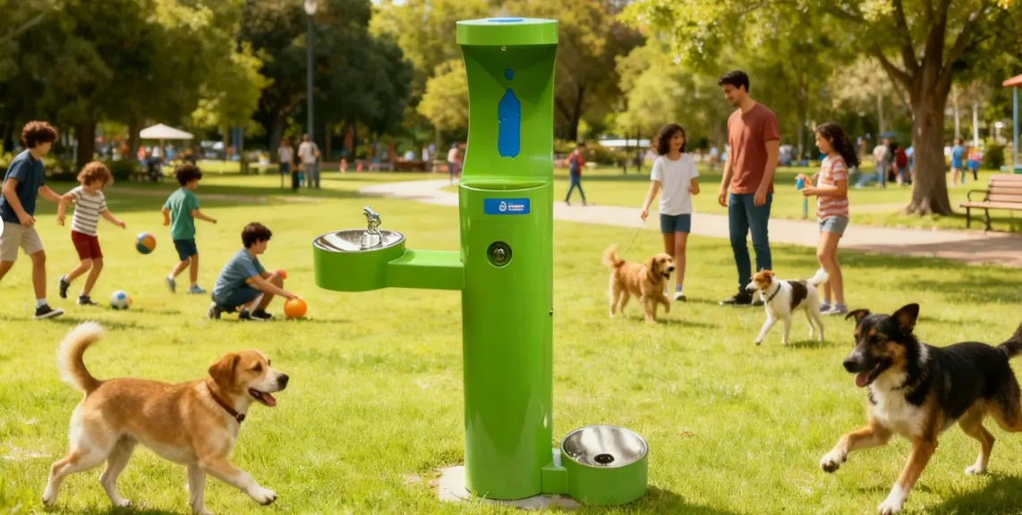 Pet hydration station park scene