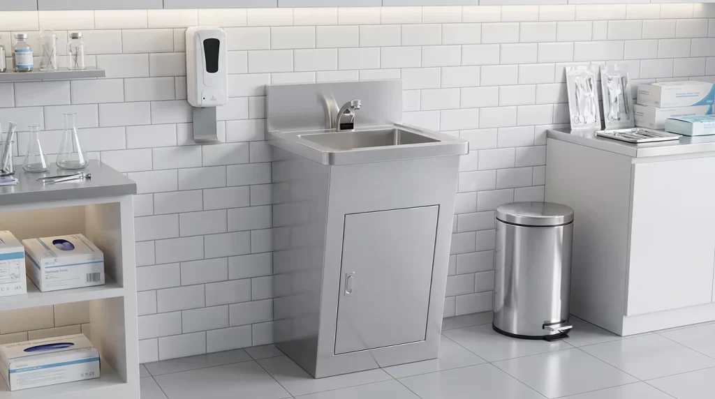 Stainless steel pedestal sink with sensor faucet in a laboratory or medical clinic hygiene hand wash station