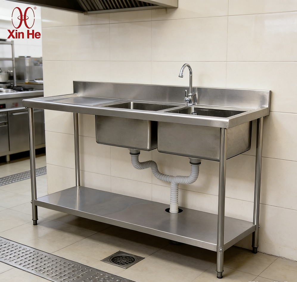 Two or three compartment stainless steel sink with drainboard