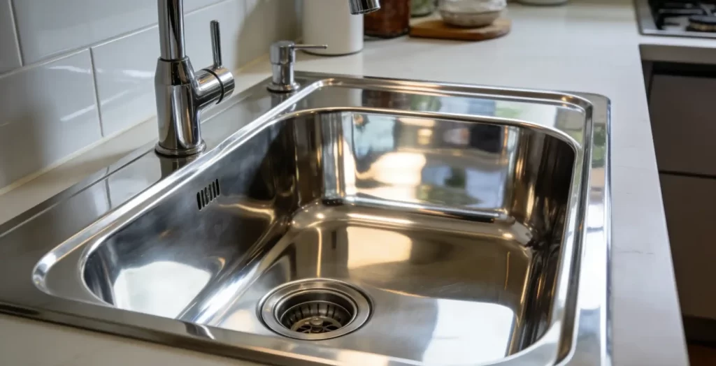Brushed sink vs polished stainless steel sink surface detail