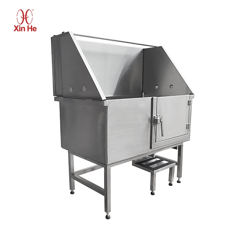 Xinhe stainless steel dog grooming tub featuring a walk-in door and integrated sliding stairs for large breeds