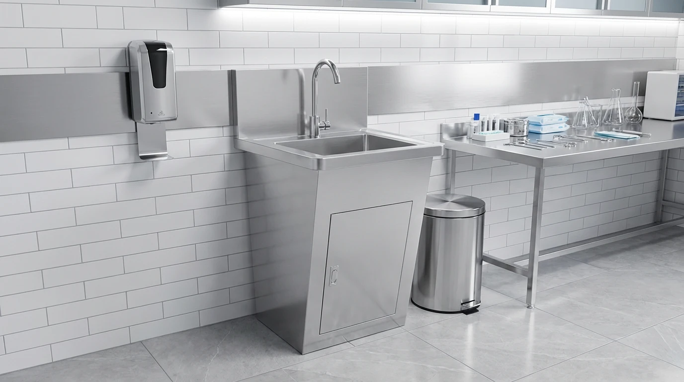 Stainless steel pedestal sink in hospitals, laboratories or food-processing areas