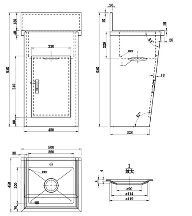Detailed stainless steel pedestal sink diagram