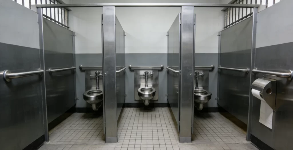 Durable prison cell toilet layout