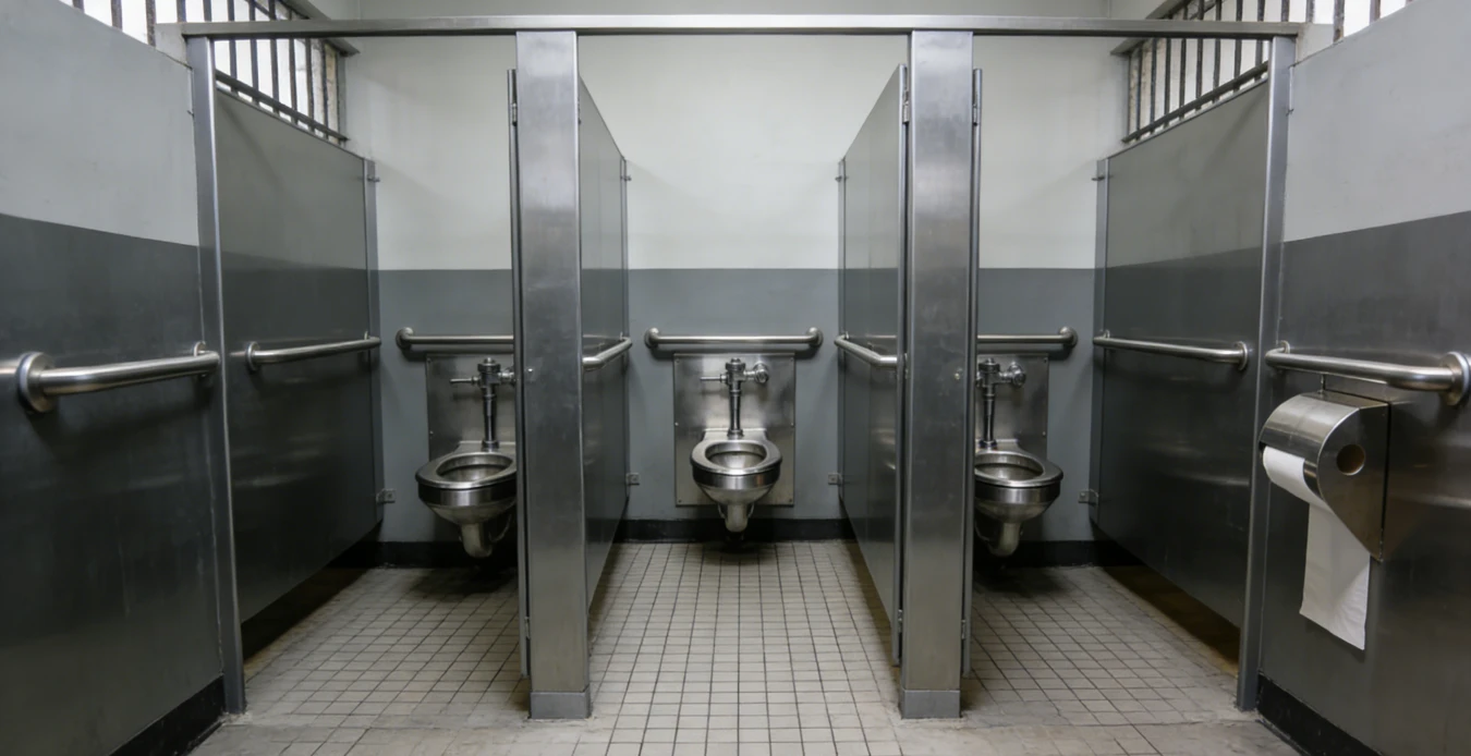 Durable prison cell toilet layout