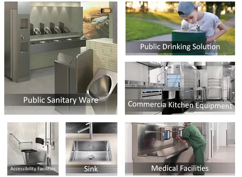 Commercial stainless steel trough urinal product lineup – customizable lengths from 600mm to 3000mm with accessory options