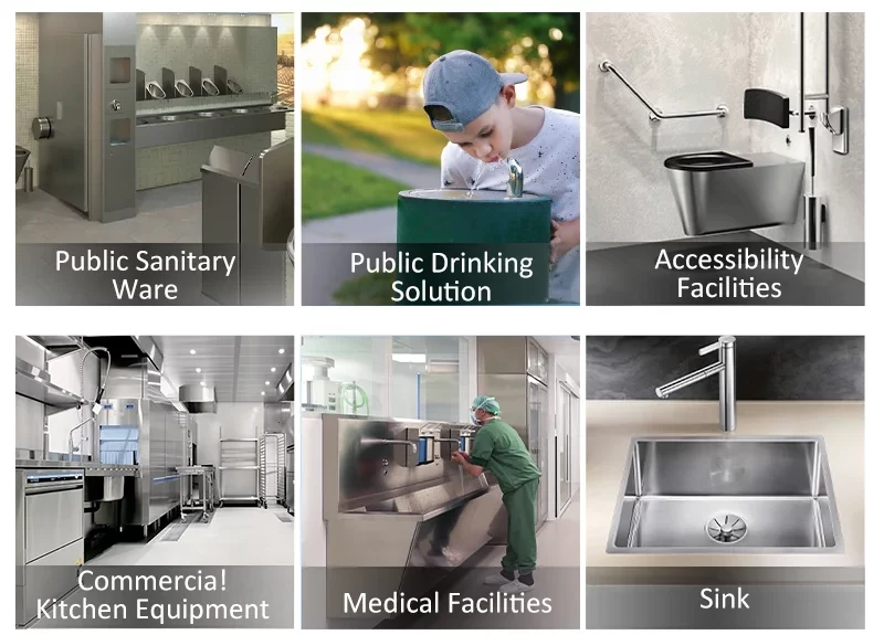 stainless steel drinking fountains, basins, toilets, urinals, troughs, kitchen sinks, medical sinks, commercial sinks, floor drain grate and workstations