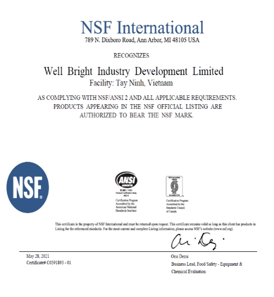NSF Certificate for xinhe, ensuring compliance with NSF/ANSI standards for food safety equipment