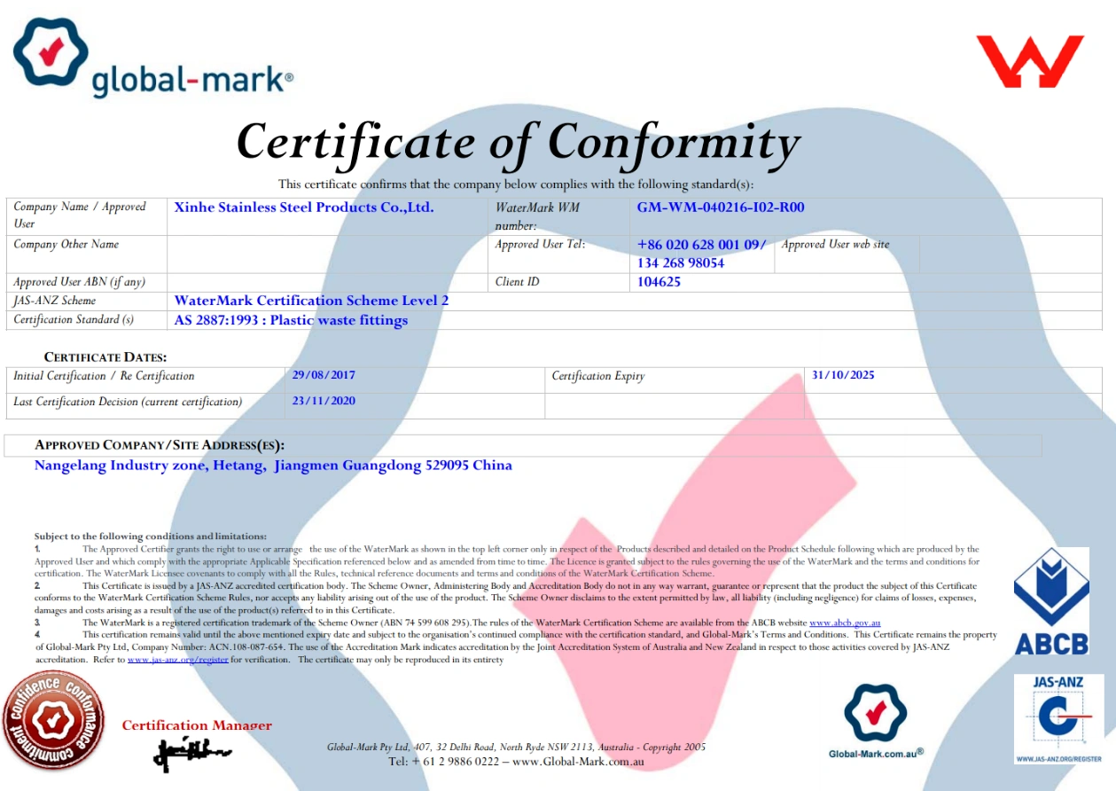 WaterMark Certificate for Xinhe Stainless Steel Products, confirming compliance with Australian standards