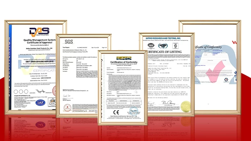 Trough urinal certification badges – cUPC, CE, WaterMark, NSF/ANSI 61, ISO 9001, and SGS verified