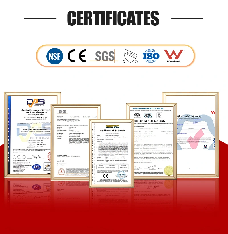 Certifications for Outdoor Drinking Water Fountains - NSF, cUPC, CE, WaterMark, SGS, ISO9001 certificates for commercial stainless steel products