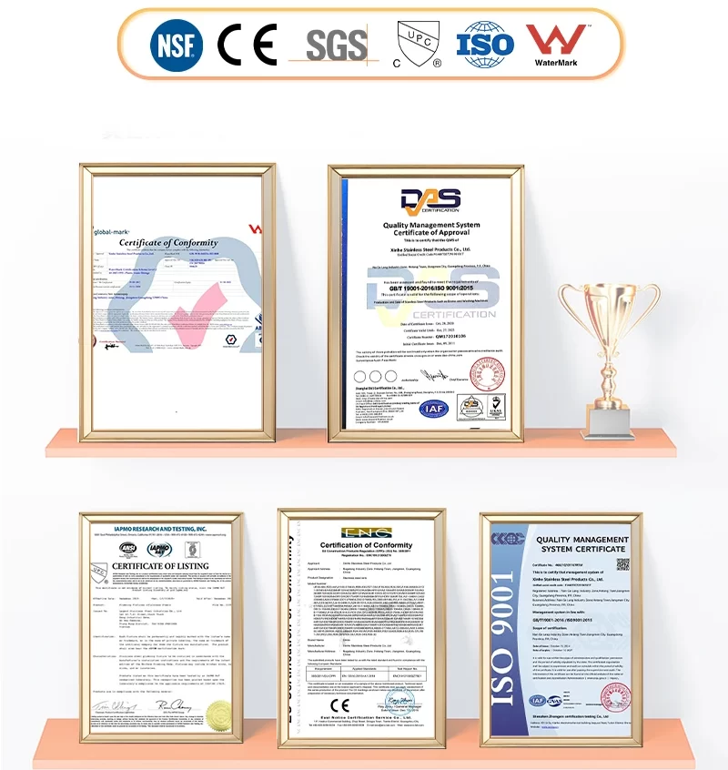 certifications including NSF,cUPC, CE, WaterMark, and ISO9001,SGS