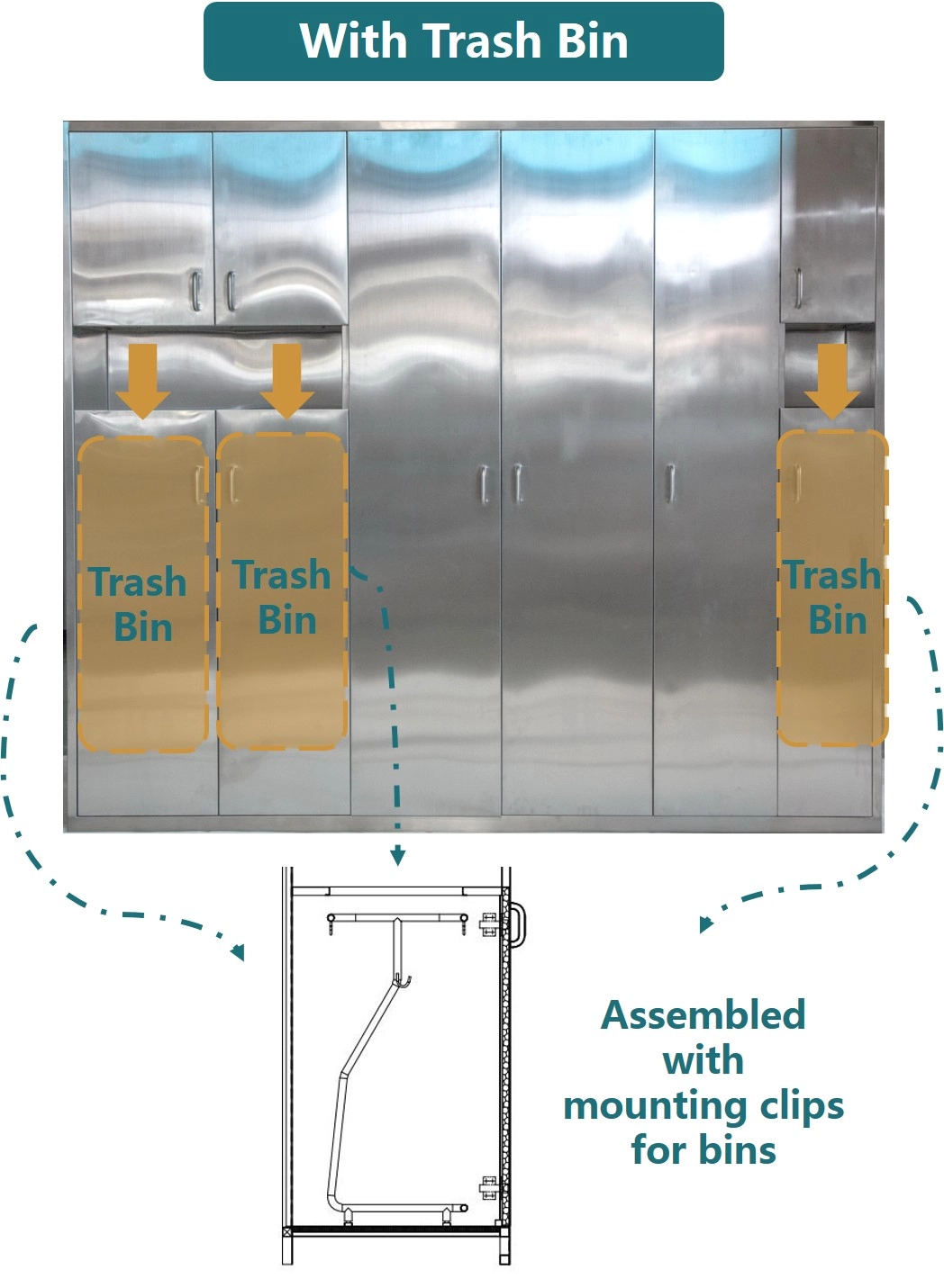 Custom 304 stainless steel storage cabinet for hospitals featuring an integrated medical waste disposal system with internal mounting clips for trash bins