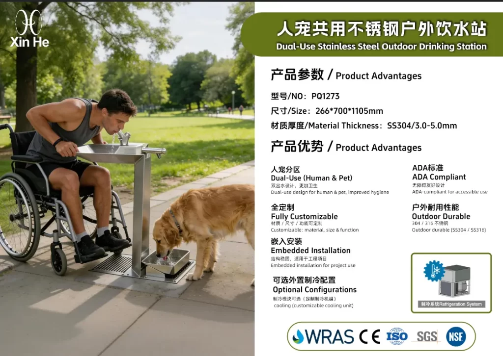 PQ1273 dual-use stainless steel outdoor drinking station for humans and pets, ADA compliant and durable for public sanitation facilities