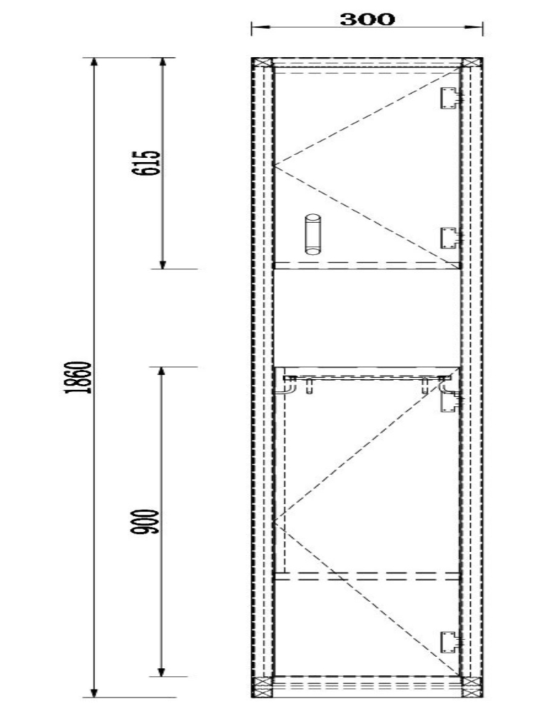 Front view technical drawing of the garbage can cabinet showing detailed dimensions