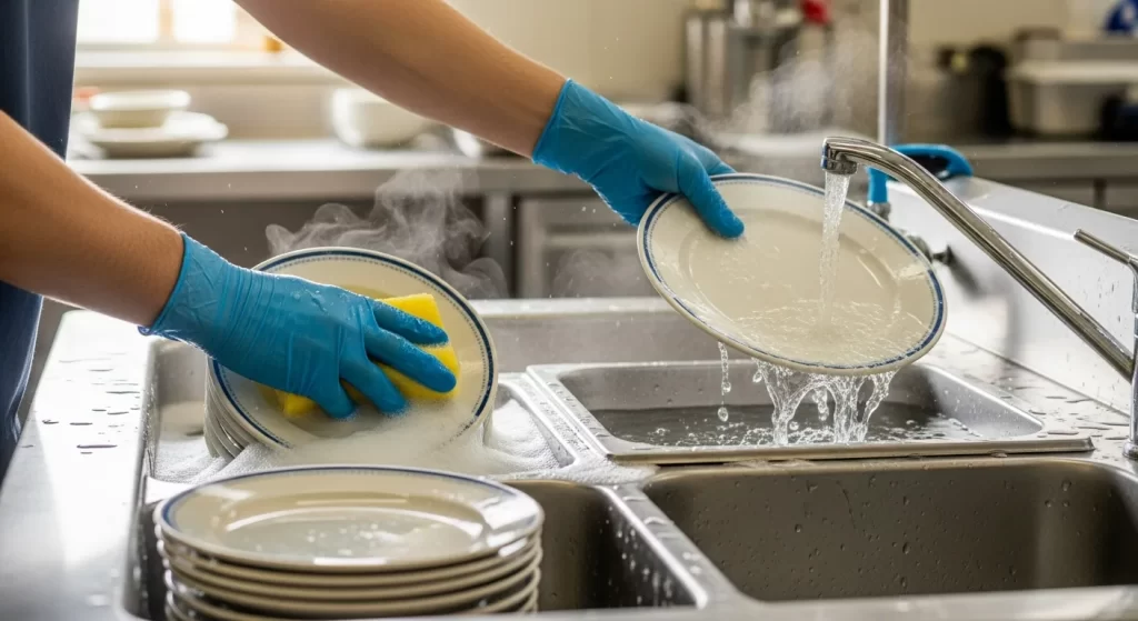 Washing dishes in commercial 3 compartment sink