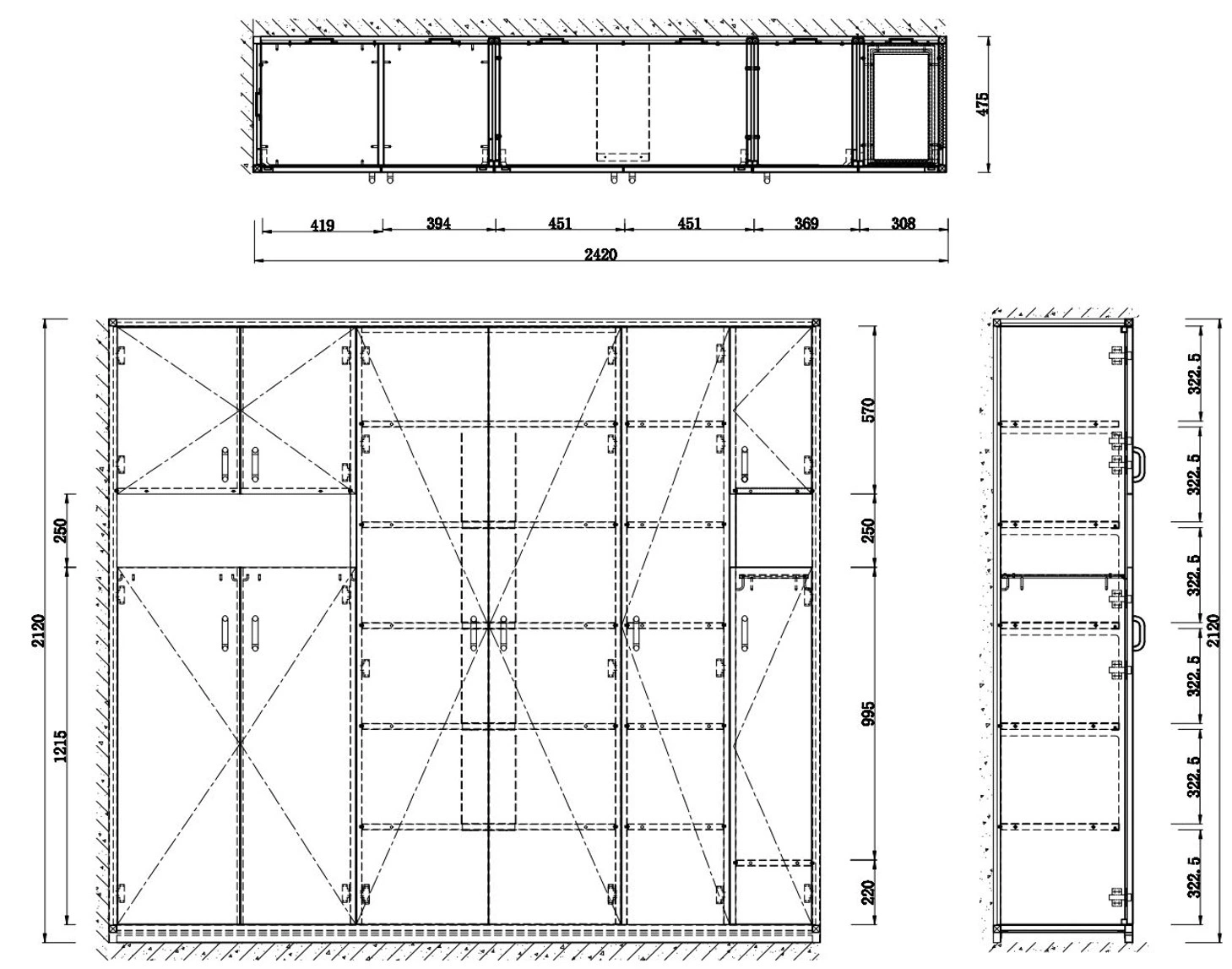 Technical CAD drawing and dimensions for a custom stainless steel hospital cabinet