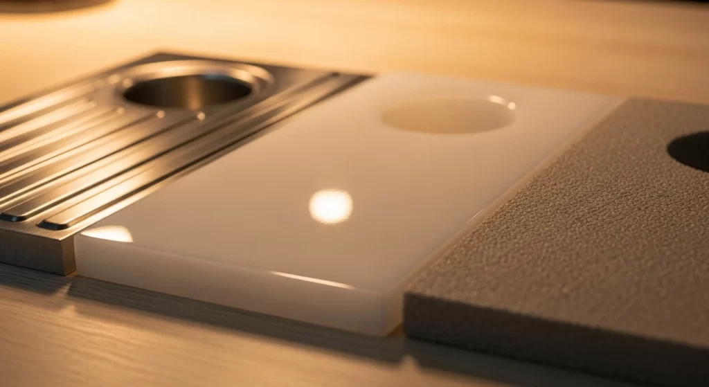 Durable laundry sink with cabinet material samples