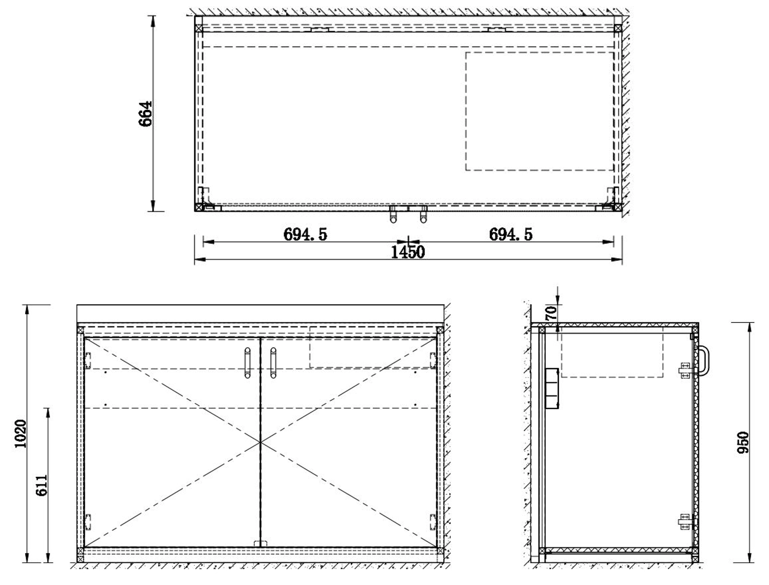 Xinhe showing the precise dimensions and specifications of a custom stainless steel hospital base cabinet for pharmaceutical and clinical use