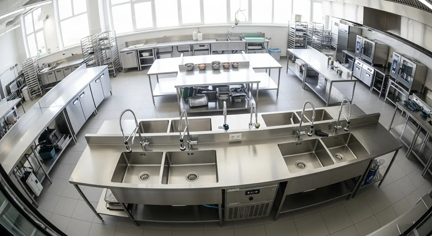 A high-quality multi-compartment stainless steel commercial industrial sink installed in a professional restaurant kitchen setting