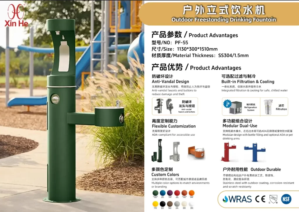PF-55 outdoor freestanding stainless steel drinking fountain with bottle filler and anti-vandal design, suitable for public parks and commercial areas