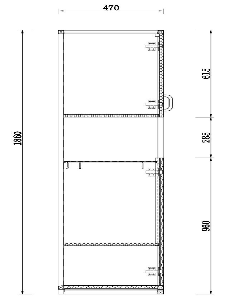 Side profile dimension diagram of the garbage can cabinet highlighting the 470mm depth and the internal structure of the waste disposal and storage sections