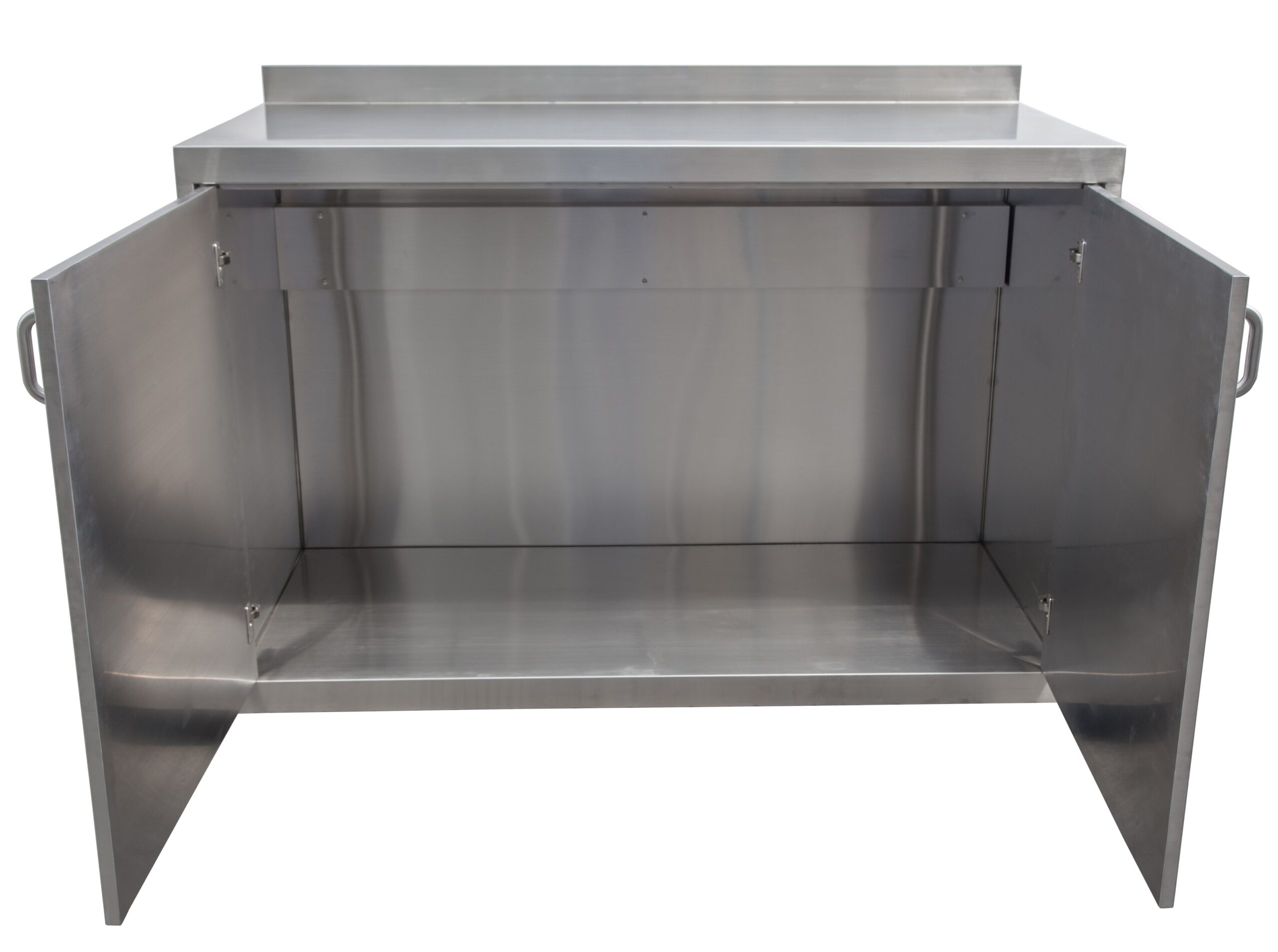 Interior view of a custom 304 stainless steel cabinet base unit designed for safe chemical and laboratory reagent storage in medical facilities