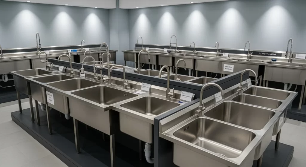 A wide variety of high-quality stainless steel commercial industrial sinks with professional faucets displayed